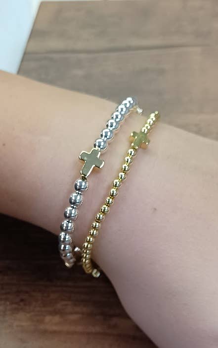 Dainty Cross Accented Gold Beaded Bracelet