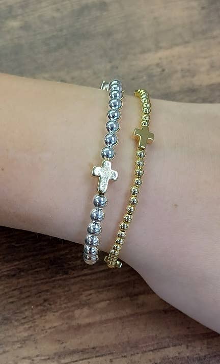 Dainty Cross Accented Gold Beaded Bracelet