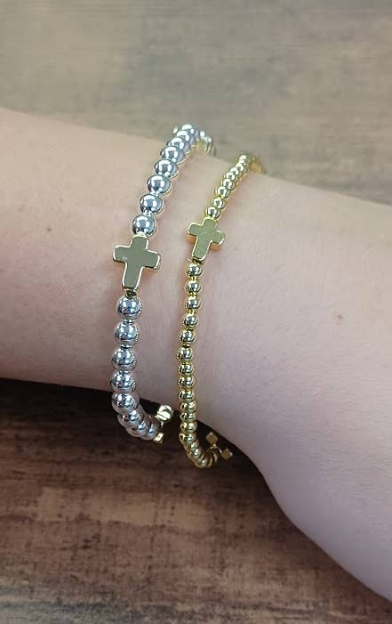 Dainty Cross Accented Gold Beaded Bracelet