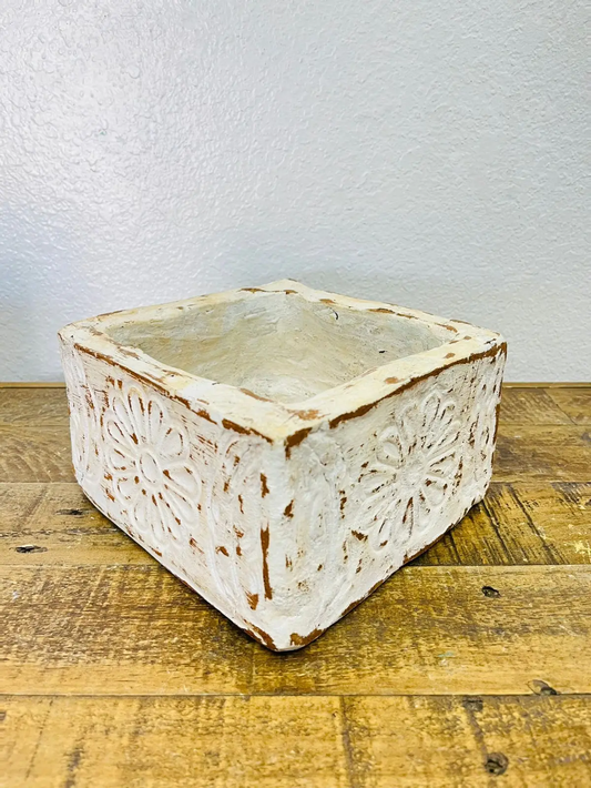 Square Clay Decorative Bowl with Beads, White Handmade